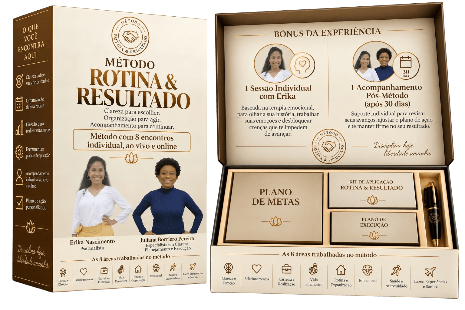 Caixa aberta do método com os bônus, o plano de metas, o kit de aplicação e uma caneta